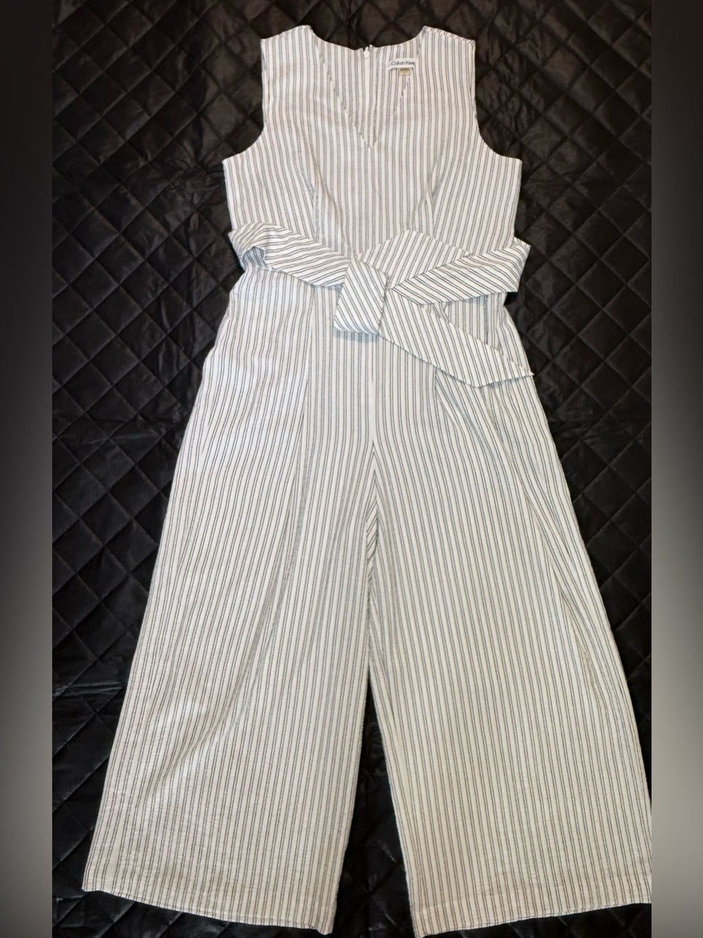 Calvin Klein Size 8 White & Black Striped Wide Leg Belted Jumpsuit